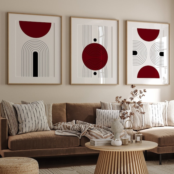 Lot de 3 impressions d'art murales modernes Mid-Century en rouge bordeaux foncé, grande 3 pièces d'art mural, affiches triptyques et impressions, impressions scandinaves