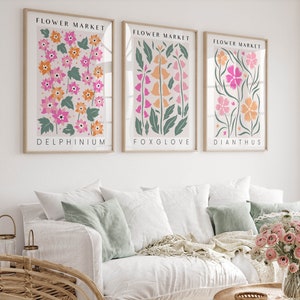 Set of 3 Flower Market Prints, 3 Piece Colorful Wall Art Pink Orange, Botanical Posters, Preppy Gallery Wall Dorm Room Living Room Triptych