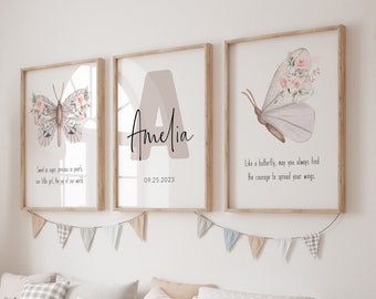 Personalised Wall Art for Nursery or Girl's Room, Set of 3 Custom Name & Quotes Posters in Neutral Beige Pink, Gift for Baby Girl, Butterfly