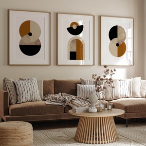 Set of 3 Mid Century Modern Wall Art Prints, Neutral Beige Orange Black Posters for Living Room, Bedroom, Boho Retro Art Prints, Triptych