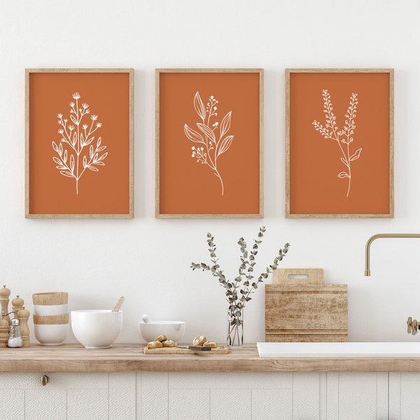 Ensemble de 3 impressions d’art mural Boho, art mural botanique en 3 pièces, affiches et impressions orange, triptyque minimaliste de fleurs sauvages, impressions d’art de cuisine