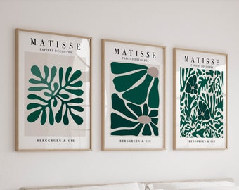 Matisse Print Set of 3 in Emerald Green, Retro Mid Century Modern Wall Art Triptych, Matisse Cutout Posters for Living Room, Bedroom, Office