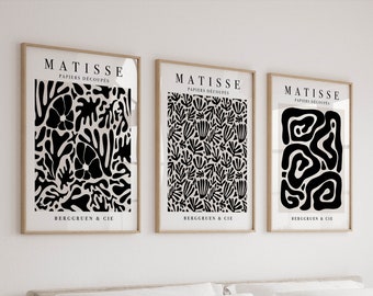 Matisse Print Set of 3 in Black & White, Retro Mid Century Modern Wall Art Triptych, Matisse Cutout Posters for Living Room, Bedroom, Office