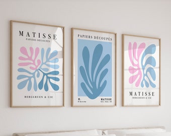 Set of 3 Matisse Prints in Blue and Pink, Colorful Wall Art - Funky Preppy Posters - Apartment & College Dorm Room Decor - Modern Home