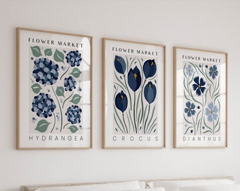 Flower Market Prints in Navy Blue, Set of 3 Botanical Wall Art Prints & Posters, Vintage Retro Floral Gallery Wall Art, Living Room Triptych
