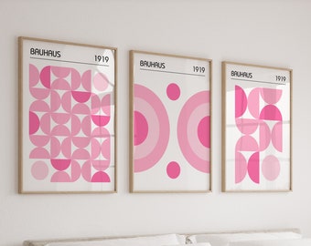 Bauhaus Poster Set in Preppy Pink, Set of 3 Funky Mid Century Modern Prints, Trendy Bauhaus Wall Art Set, Girly Dorm Room Bedroom Triptych