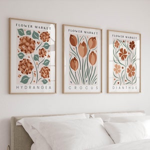 Flower Market Art Prints in Terracotta Orange, Set of 3 Botanical Posters, Vintage Retro Floral Gallery Wall Art, Large Living Room Triptych