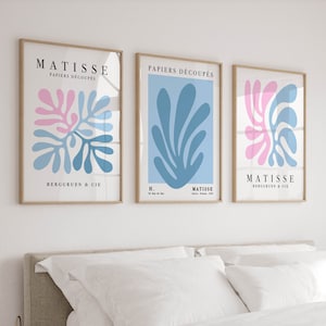 Juego de 3 láminas de Matisse en azul y rosa, arte mural colorido, pósteres preppy divertidos, decoración de apartamentos y dormitorios universitarios, hogar moderno