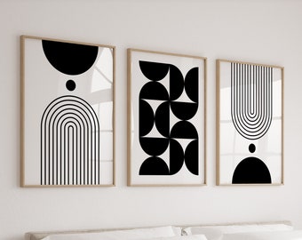 Set of 3 Wall Art Posters in Black and White, Mid Century Modern Prints Triptych Artwork, Large Minimalist Living Room Art, Bedroom Posters