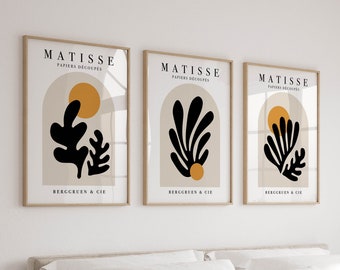 Set of 3 Matisse Prints, Neutral Wall Art, Mid Century Modern Retro Posters in Beige, Black and Mustard, Bedroom Wall Decor Triptych Artwork