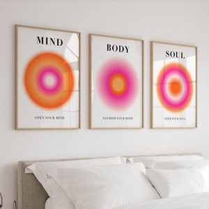 Aura Wall Art en rosa y naranja, conjunto de 3 carteles e impresiones coloridos de muy buen gusto, decoración de apartamentos de dormitorios universitarios, citas inspiradoras para niñas