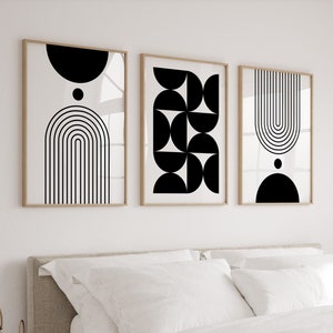 3er Set Wandbilder in Schwarz und Weiß, Mid Century Modern Prints Triptychon Kunstwerk, Große minimalistische Wohnzimmer Kunst, Schlafzimmer Poster