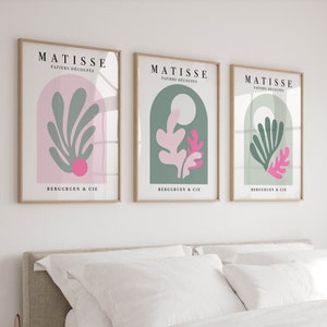 Juego de 3 impresiones de Matisse en rosa y verde salvia, arte de pared para dormitorio, pósteres preppy, decoración de dormitorio universitario, tríptico para habitación de niña