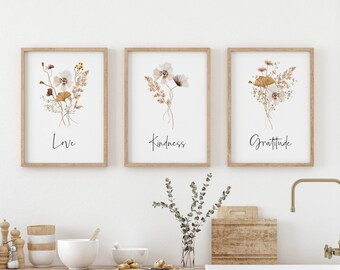 Cottagecore Inspirational Wall Art, Wildflowers & Pampas Grass Neutral Floral Posters, Set of 3 Botanical Boho Prints, Bedroom Triptych