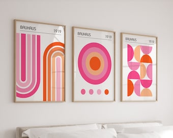 Bauhaus Poster Set in Preppy Pink and Orange, Set of 3 Funky Mid Century Modern Prints, Bauhaus Wall Art Set, Dorm Room Bedroom Triptych Art