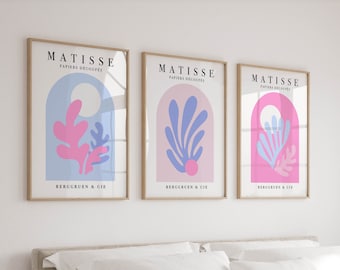 Set of 3 Matisse Prints - Colorful Wall Art - Funky Preppy Pink and Blue Posters - Apartment & College Dorm Room Decor - Modern Home Artwork