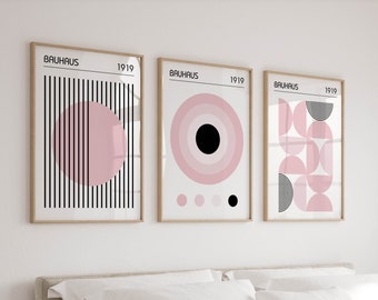 Bauhaus Poster Set in Pink, Set of 3 Pastel Pink Mid Century Modern Prints, Bauhaus Wall Art Set, Dorm Room Bedroom Girl's Room Triptych Art