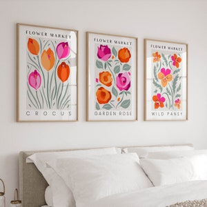 Impressions du marché aux fleurs en rose et orange, lot de 3 affiches botaniques, art mural de galerie florale preppy pour dortoir, cadeau pour étudiantes