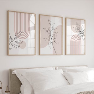Impressions d'art mural rose pour décoration d'intérieur minimaliste moderne, lot de 3 affiches botaniques bohèmes, triptyque salon chambre appartement en rose poudré