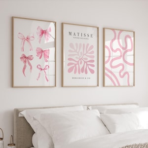 Lot de 3 affiches d'art mural roses, motifs tendance Matisse avec nœuds, motifs décoration pour chambre de filles, dortoir preppy, girly, éclectique, oeuvre d'art minimaliste, cadeau