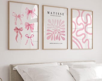 Set of 3 Pink Wall Art Posters, Trendy Bow Matisse Prints, Prints Girls’ Room Décor, Preppy Dorm, Girly, Eclectic, Minimalist Artwork, Gift