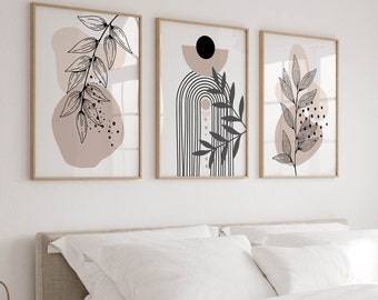 Boho Wall Art Prints in Neutral Beige, Set of 3 Japandi Wall Art, Trendy Bedroom Posters, Living Room Triptych Artwork, Apartment Decor