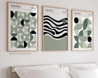Bauhaus Wall Art Set of 3, Sage Green Wall Art, Mid Century Modern Prints, Geometric Posters