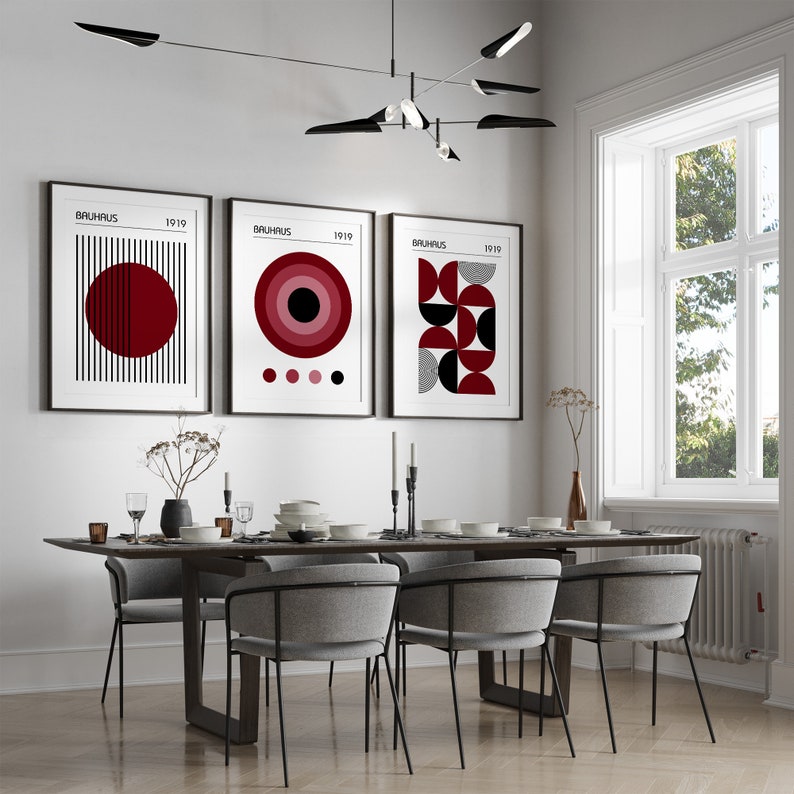 Bauhaus Wall Art Posters in Burgundy Red, Set of 3 Mid Century Modern ...
