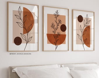 Mid Century Modern Wall Art Set of 3, Terracotta Botanical Prints, Neutral Living Room Decor