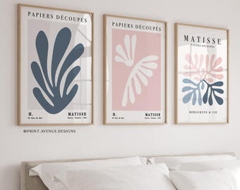 Matisse Wall Art Set of 3, Pink Blue Abstract Prints, Modern Gallery Wall Art, Mid Century Bedroom Decor