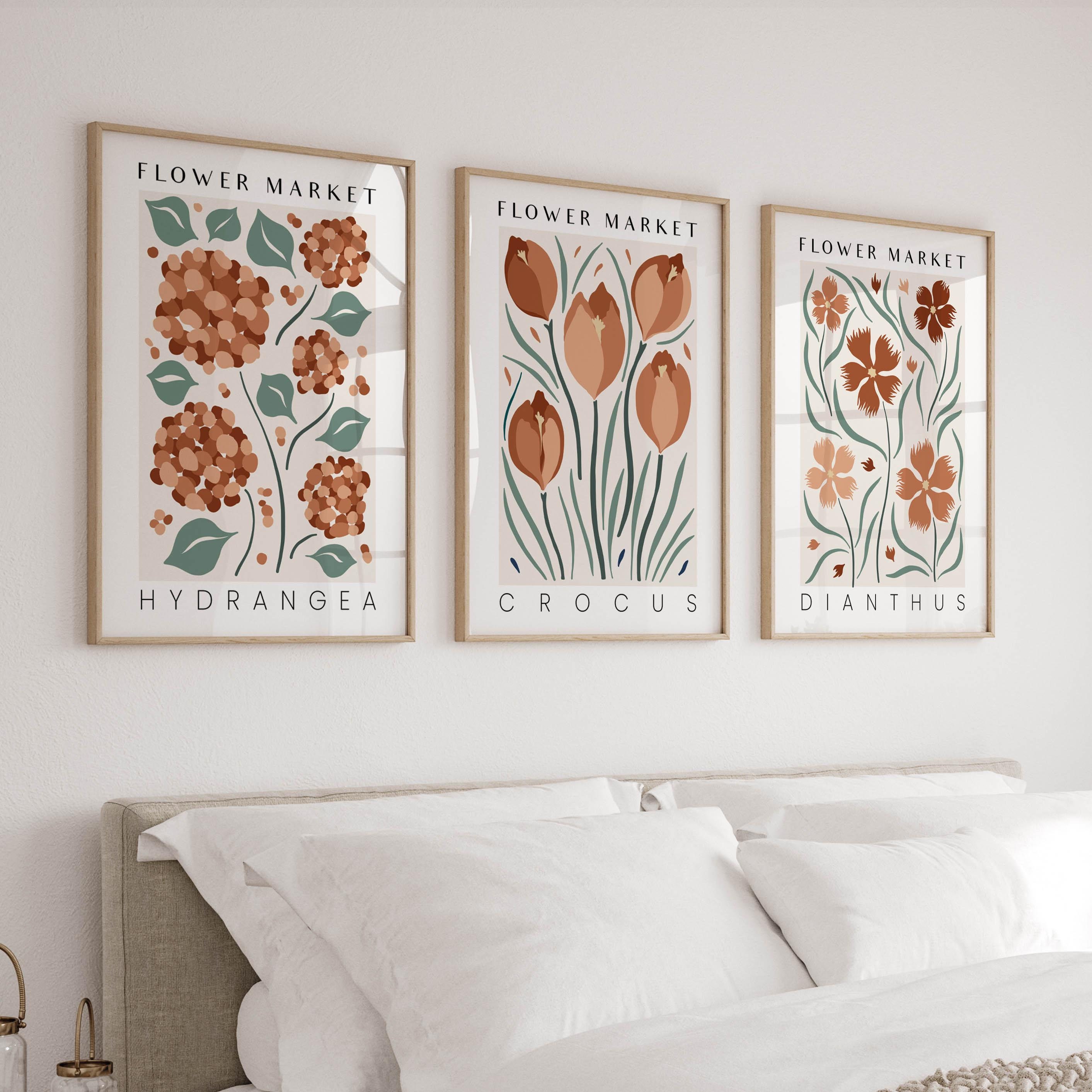 Flower Market Art Prints in Terracotta Orange, Set of 3 Botanical Posters, Vintage Retro Floral Gallery Wall Art, Large Living Room Triptych