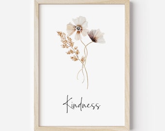 Minimalist Floral Wall Art Poster, Neutral Wildflowers Inspirational Kindness Print, Boho Beige Botanical Artwork, Cottagecore Decor