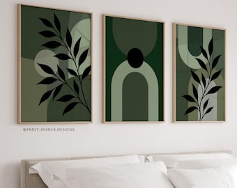 Green Wall Art Set of 3: Sage & Olive Botanical Abstract Prints, Modern Organic Decor