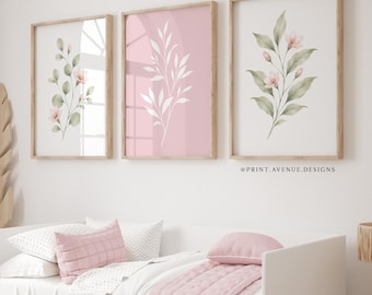 Pink & Sage Green Botanical Wall Art Set of 3 | Floral Prints for Girls Bedroom, Dorm Room or Nursery Decor