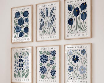 Navy Blue Flower Market Prints Set of 6, Botanical Posters, Vintage Floral Posters, Cottagecore Decor, Blue Gallery Wall