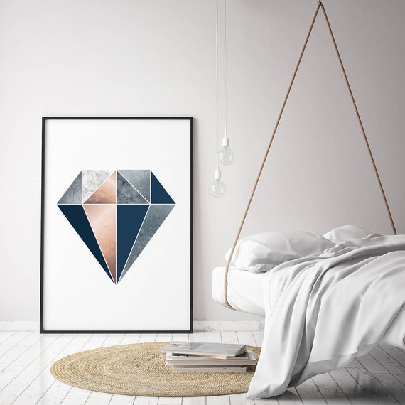 Diamond Print Geometric Art Navy Blue Print Navy Rose Gold Art Copper Digital Print Home Decor 12x16 Art 30x40 Print Print Avenue