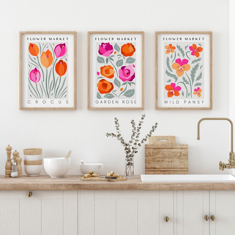 Flower Market Prints in Pink & Orange, Set of 3 Botanical Posters ...