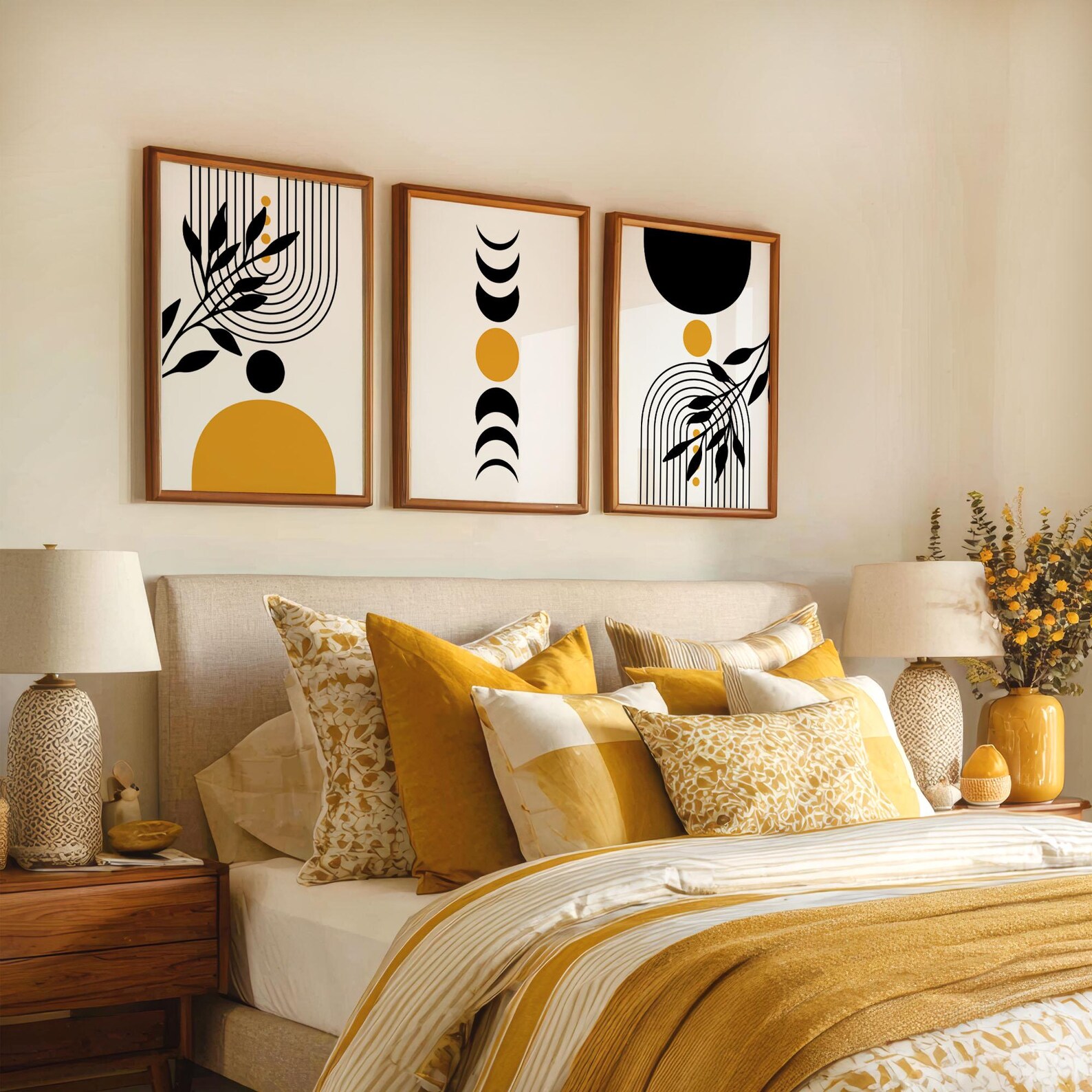 Set of 3 Boho Wall Art, 3 Panel Mid Century Wall Art in Mustard Yellow ...