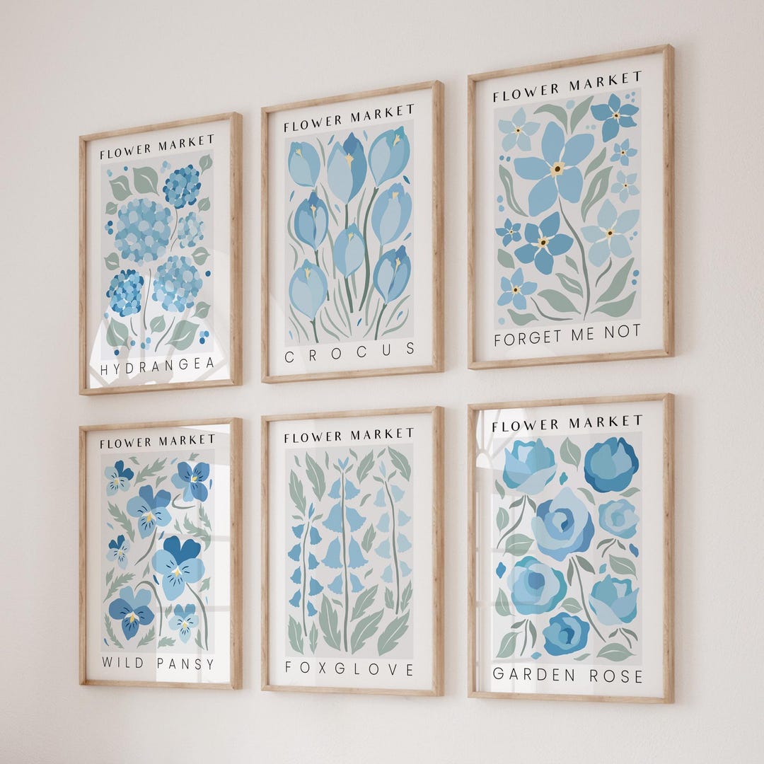 Set of 6 Flower Market Wall Art Prints in Light Blue | Living Room ...