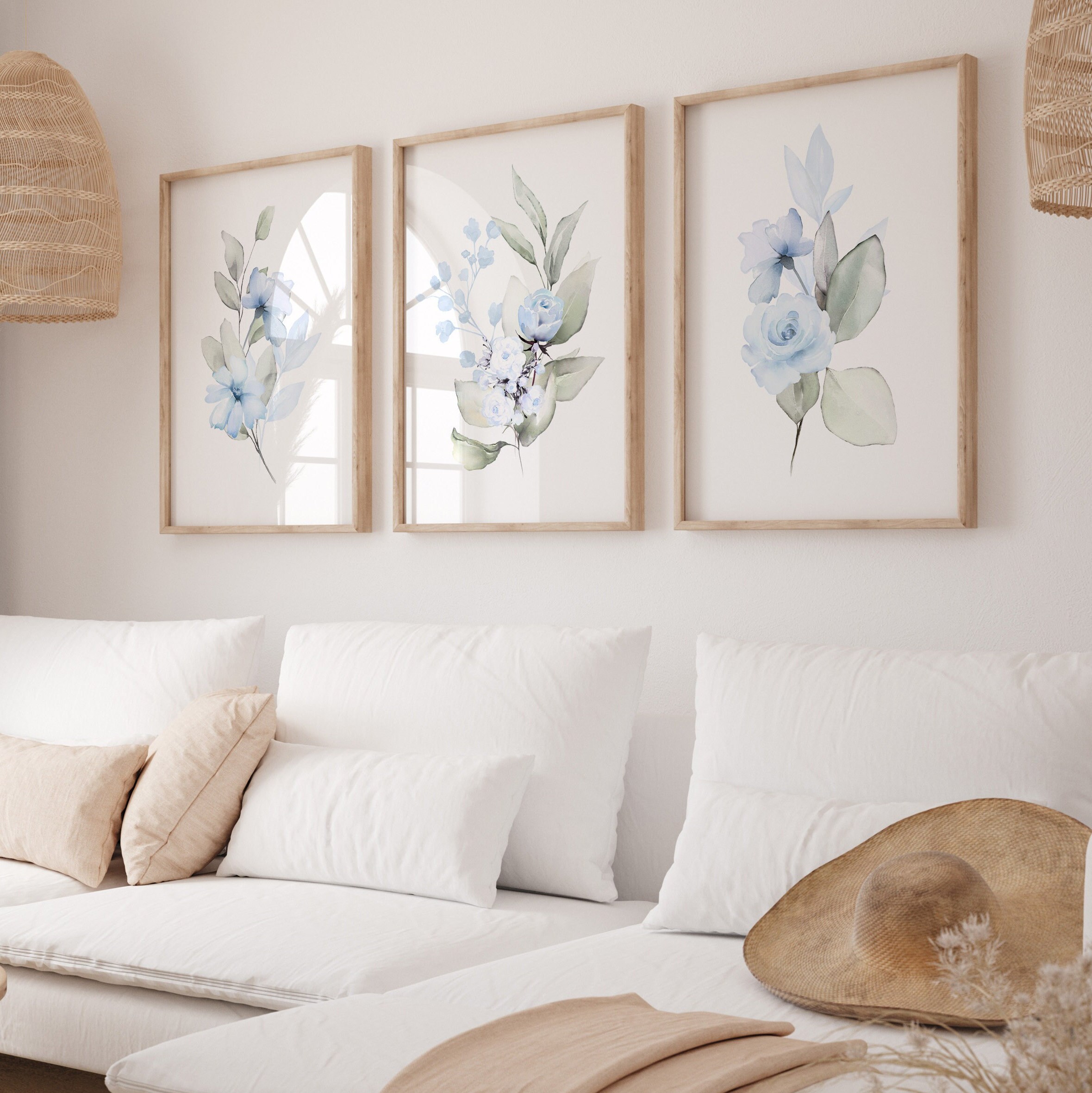 Set of 3 Flower Prints, 3 Piece Floral Wall Art in Blue and Green ...