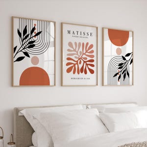 Set di 3 poster botanici in terracotta arancione, stampa di Matisse, arte murale moderna di metà secolo per soggiorno, ufficio, camera da letto, opera d'arte alla moda.