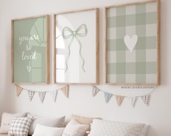 Sage Green Nursery Wall Art Set of 3, Girl Nursery Decor, Bow Nursery Prints, Gingham Wall Art, Neutral Baby Room Decor