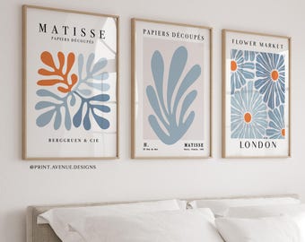 Blue Wall Art Set of 3, Matisse Prints, Flower Market Poster, Blue Orange Wall Decor