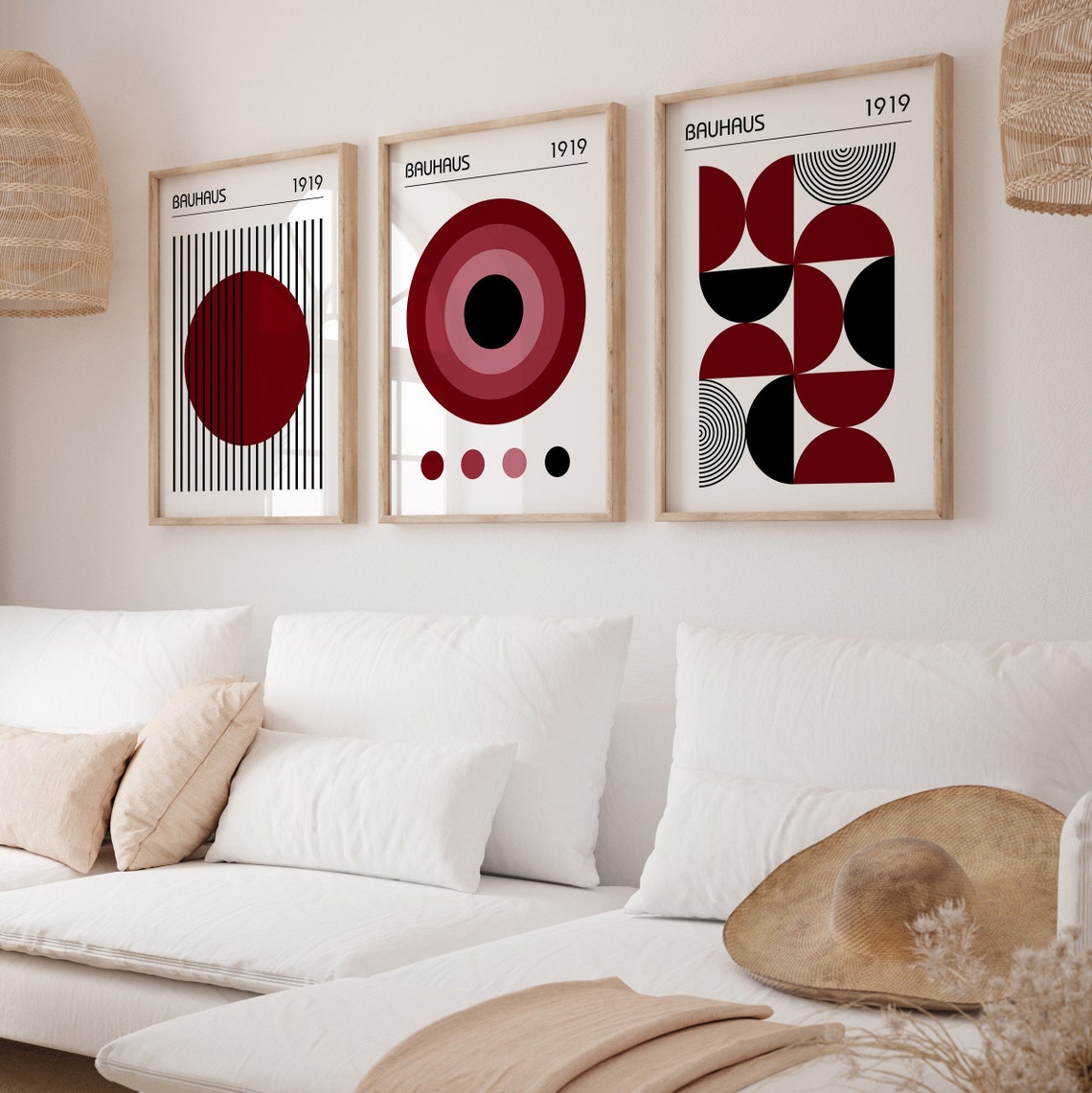 Bauhaus Wall Art Posters in Burgundy Red, Set of 3 Mid Century Modern ...