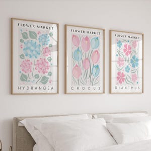 Flower Market Prints in Pink & Blue, Set of 3 Botanical Posters, Preppy Floral Gallery Wall Art, Dorm Room, Gift for College Girls Apartment
