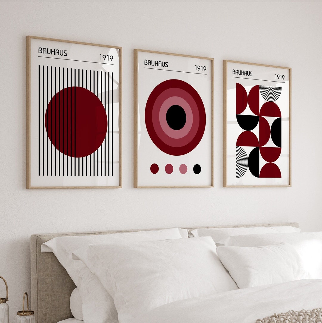 Bauhaus Wall Art Posters in Burgundy Red, Set of 3 Mid Century Modern ...