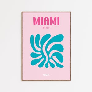 Póster de viaje de Miami, EE. UU., arte mural: lámina rosa preppy, decoración costera de moda, obra de arte moderna de casa de playa, idea de regalo, decoración de apartamento femenino
