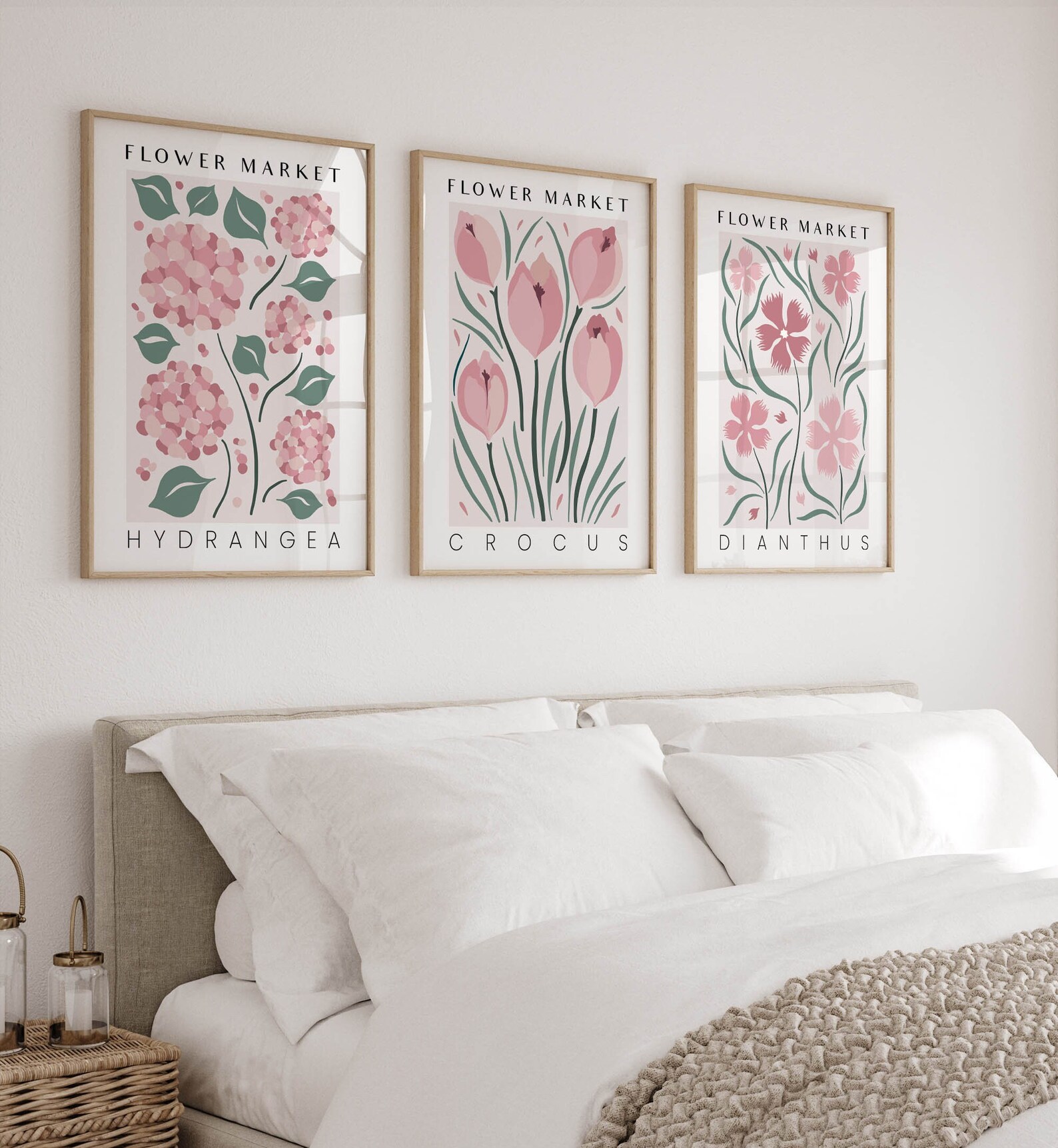 Set of 3 Flower Market Prints, 3 Piece Dusty Pink Wall Art, Botanical ...