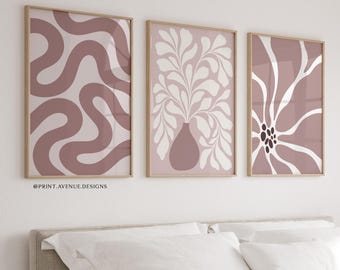 Dusty Pink Wall Art Set of 3, Abstract Floral Prints, Mid Century Modern Decor