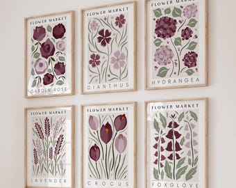 Flower Market Prints Set of 6 | Floral Wall Art | Burgundy Mauve Botanical Gallery Wall